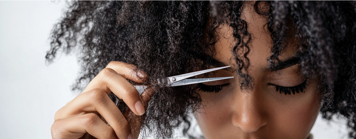 evashair femme noire coupant ses pointes avec une paire de ciseaux